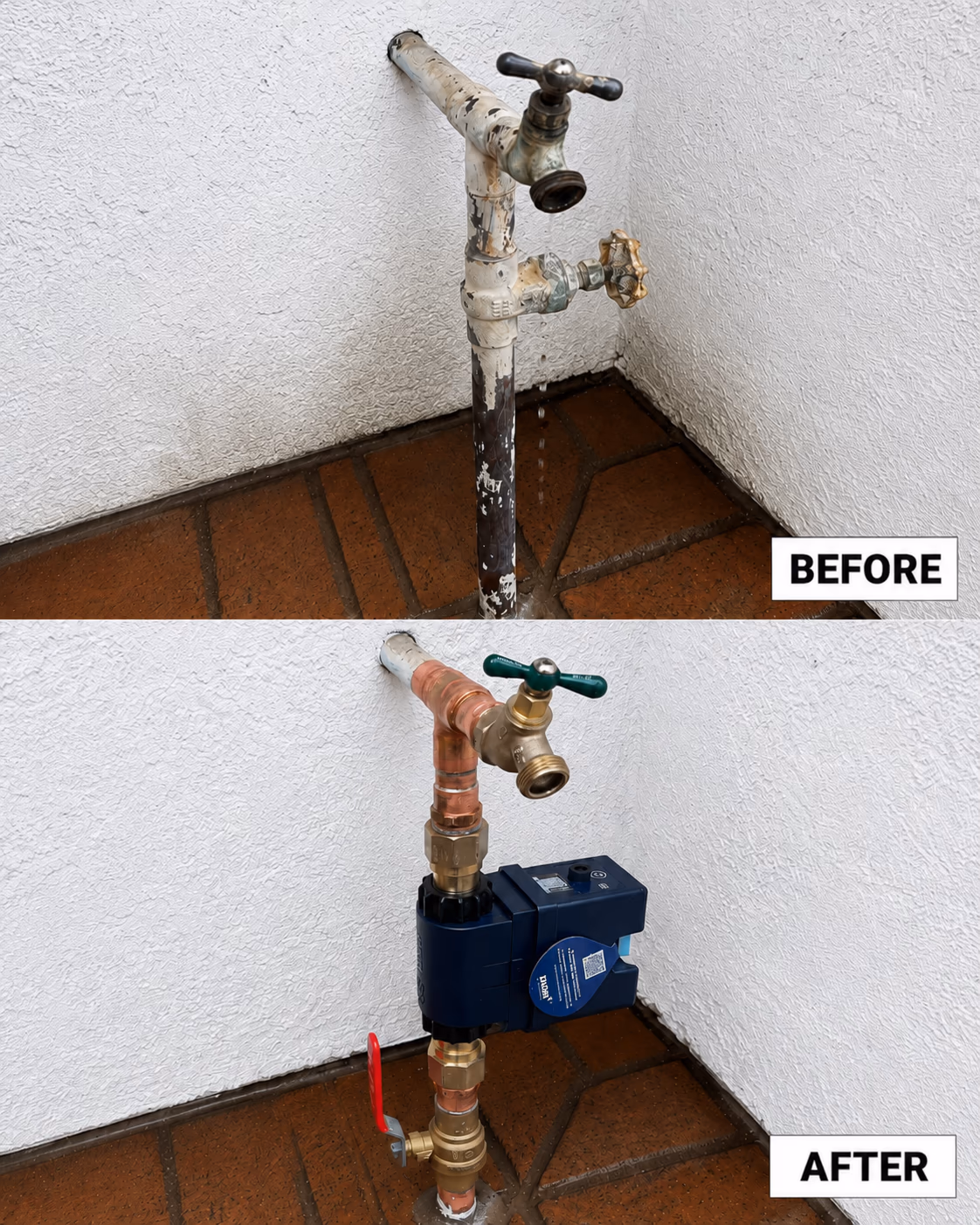 Before and after: corroded outdoor main water shut-off valve replaced with new copper line, smart automatic shut-off device, and quarter-turn ball valve