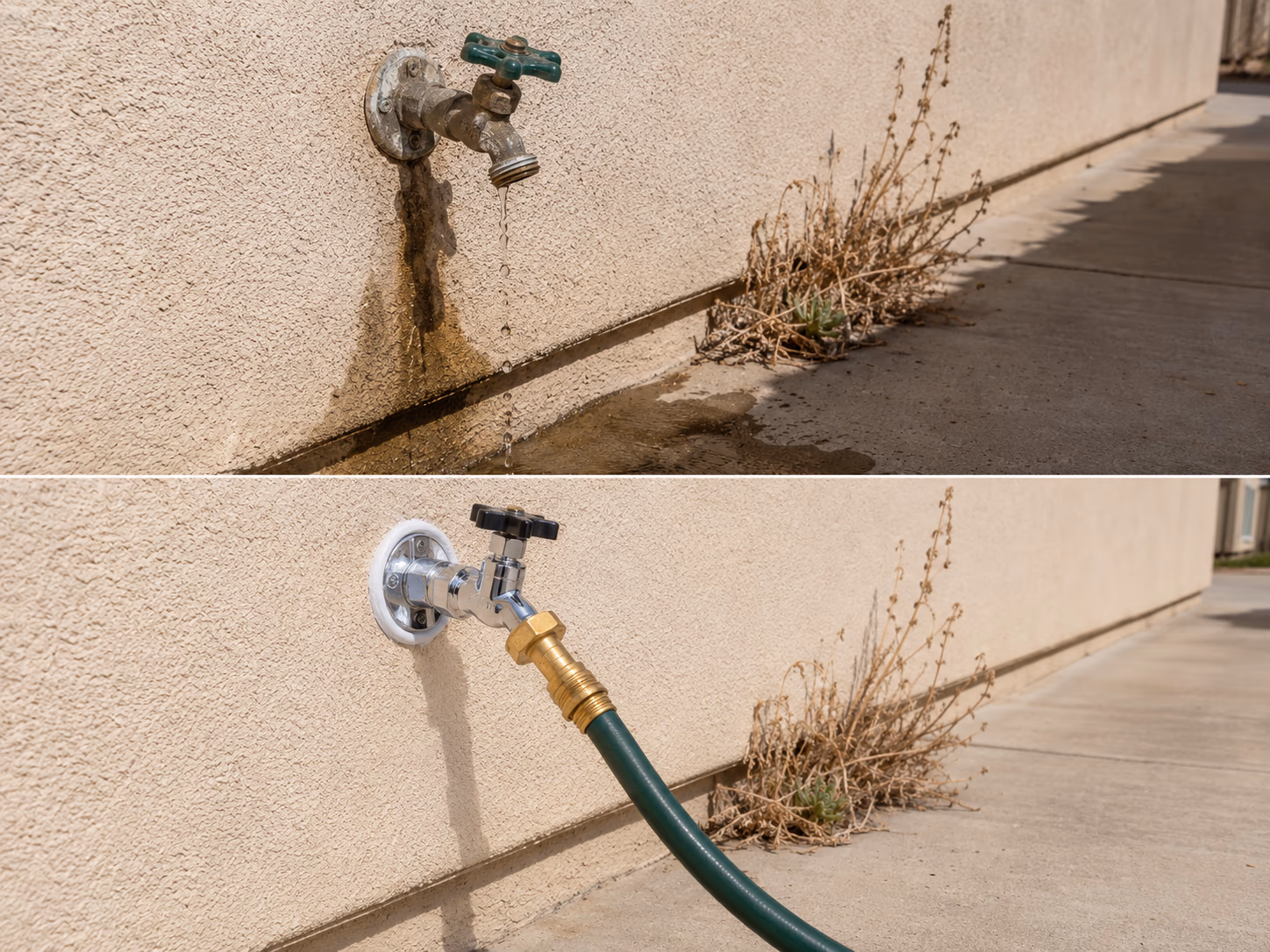 Before and after hose bib replacement at a Folsom CA home — leaking corroded outdoor spigot with stucco water stain replaced with a new frost-free chrome and brass hose bib