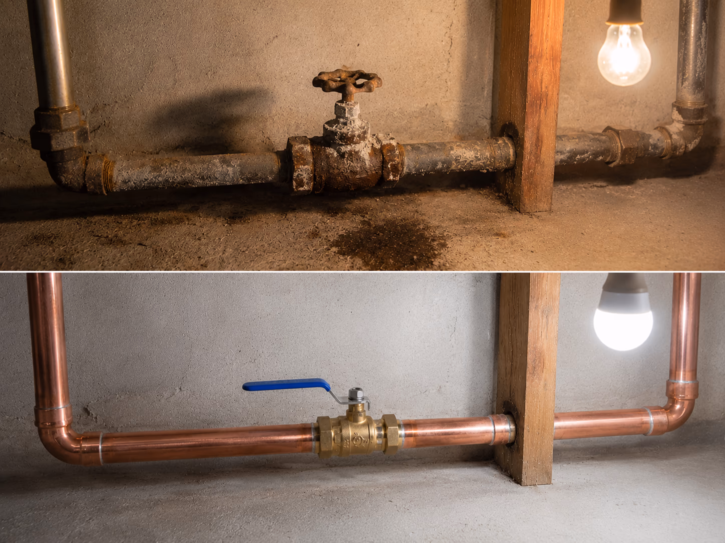 Before and after main water shut-off valve replacement at a Land Park Sacramento home — corroded gate valve on galvanized pipe replaced with a new copper line and brass quarter-turn ball valve