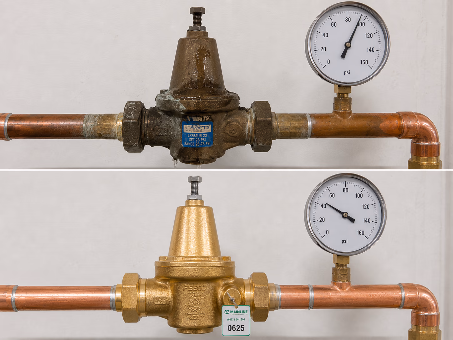 Before and after pressure reducing valve replacement at a Roseville CA home — failed corroded PRV on copper main replaced with a new brass pressure reducing valve dialed to 62 PSI